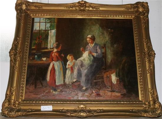 Figurative oil of a mother and 2 children by Cornelius Bouter
